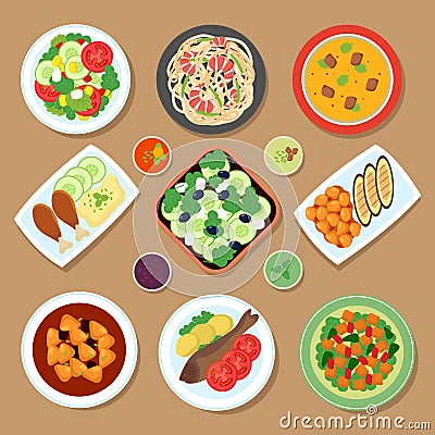 Top view dinner table with european dishes and japanese cuisine meal. Cartoon food vector set isolated Vector Illustration