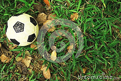 Top view of dirty football or soccer ball on grass and leaf ground Stock Photo