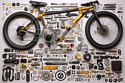 top view of disassembled bike parts arranged neatly Stock Photo