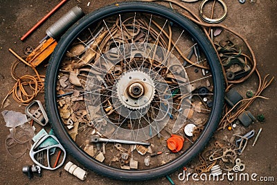 top view of disassembled bike wheel with spokes Stock Photo