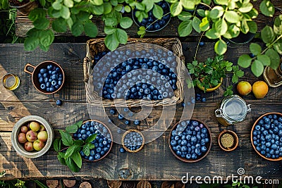 Top view of a diverse array of blueberries presented in rustic containers, nestled amidst vibrant garden greenery. Generative AI Stock Photo