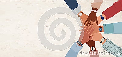 Top view of diverse business team with stacked hands showing unity teamwork and startup collaboration Vector Illustration