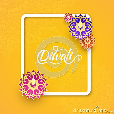 Top view of Diwali celebration yellow greeting card design decor Stock Photo