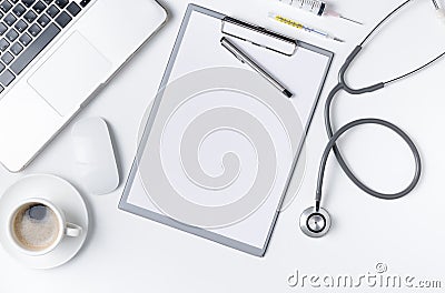 Top view of doctor desk table with stethoscope Stock Photo