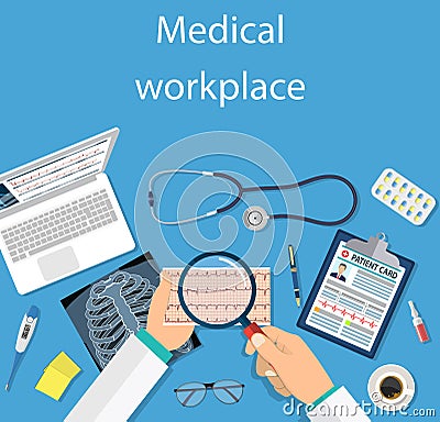Top view of doctor workplace, Vector Illustration