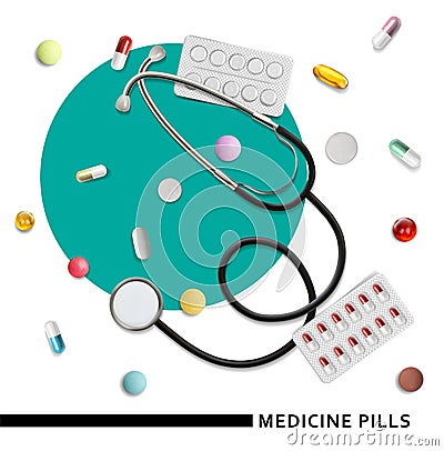 Top view of doctor workplace. Medical stethoscope, pills. Cartoon Illustration