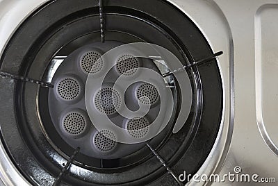 Top view of domestic kitchen stove.Gas cooker with burning flames of propane gas Stock Photo