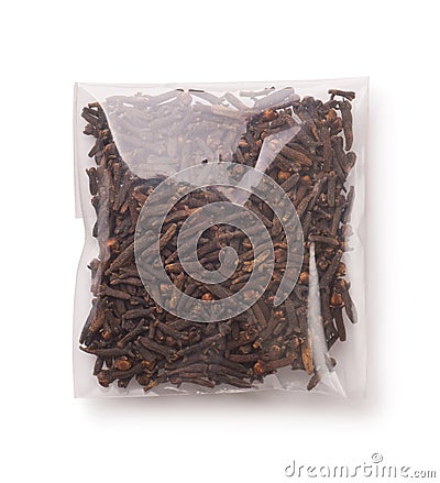 Top view of dried cloves in plastic bag Stock Photo