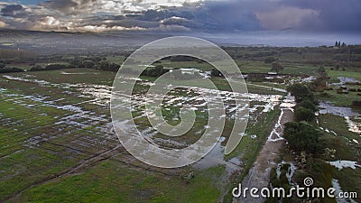 Top view with the drone of flooded fields and river overflowed after a severe storm Stock Photo