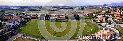 Top view from drone of football soccer field- Two teams playing a match and having a competition Editorial Stock Photo