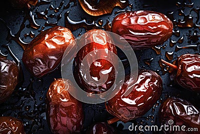 Top view of dry dates on dark background, top view. Ai generated Stock Photo