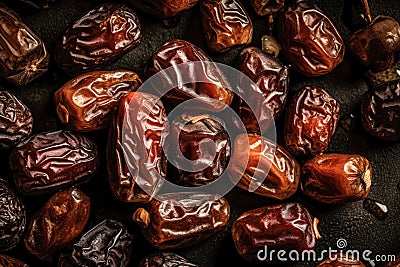 Top view of dry dates on dark background, top view. Ai generated Stock Photo