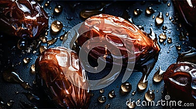 Top view of dry dates on dark background, top view. Ai generated Stock Photo