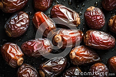 Top view of dry dates on dark background, top view. Ai generated Stock Photo