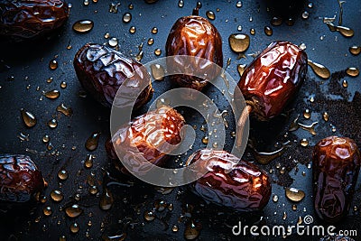 Top view of dry dates on dark background, top view. Ai generated Stock Photo