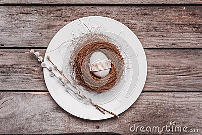 Top view of easter egg with ribbon in nest with catkins on plate on wooden tabletop. Stock Photo