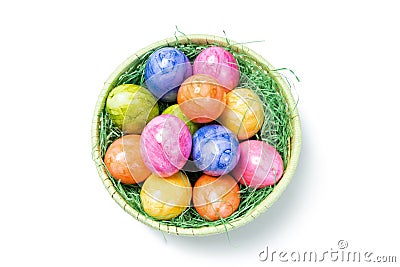 Top View - Easter Eggs in Basket on white Stock Photo