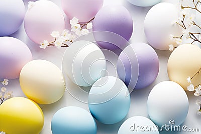 Top view Easter eggs and white gypsophila flowers Stock Photo