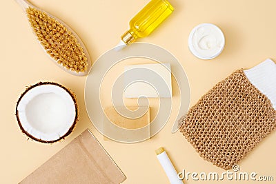 Eco cosmetic composition, organic natural products for body care on beige background Stock Photo