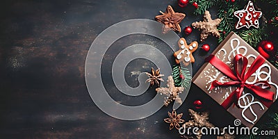 Top view of elegantly arranged gifts, gingerbread, pinecones, pine branches and Christmas trees on right.Christmas banner with Vector Illustration