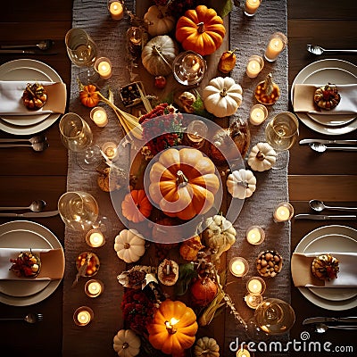 Top view of an elegantly set table, plates, cutlery, pumpkin candles, glasses. Pumpkin as a dish of thanksgiving for the harvest Vector Illustration