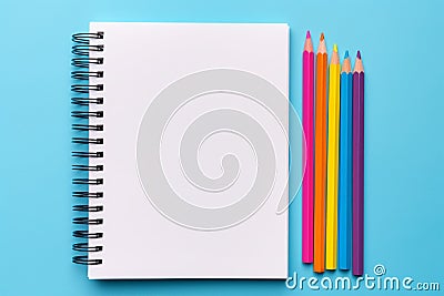 Top view of empty notebook with colorful crayon pencils on pastel blue background Stock Photo