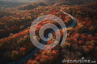 Top view of empty street leading though autumn forest. Cartoon Illustration