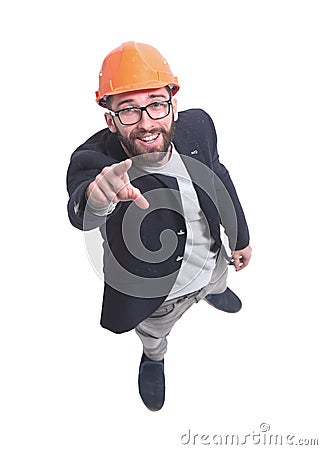 Top view. engineer architect in helmet pointing at you Stock Photo