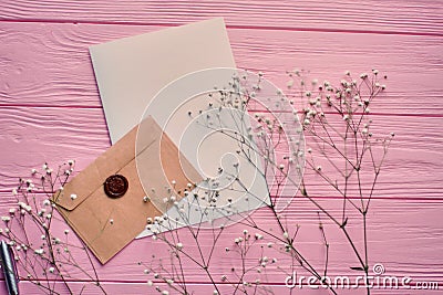 Top view envelope with blank paper and spring flowers. Stock Photo