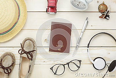 Top view essential travel items. Stock Photo