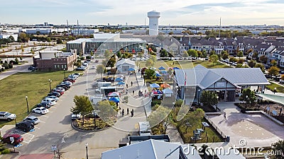 Top view Farmer Market with row of colorful tents and cottage houses at Coppell Downtown, Texas, America Editorial Stock Photo