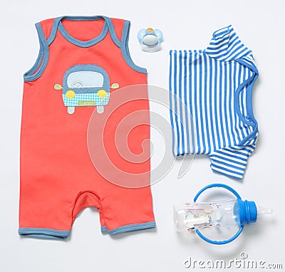 Top view fashion trendy look of baby boy clothes and stuff Stock Photo