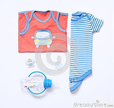 Top view fashion trendy look of baby boy clothes and stuff Stock Photo