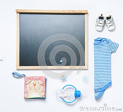 Top view fashion trendy look of blackboard and baby stuff Stock Photo