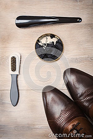 Top view fashionable men`s shoes and accessories Stock Photo