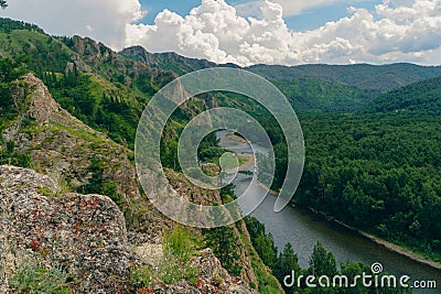 the fast mountain river bely ius in Khakassia on a hot summer day. Stock Photo