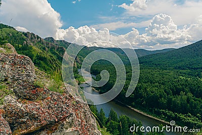 the fast mountain river bely ius in Khakassia on a hot summer day. Stock Photo