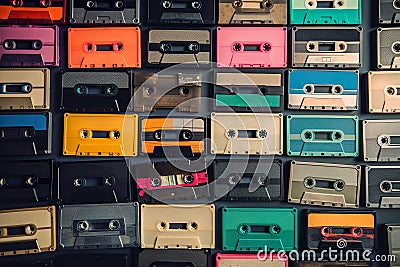 Top View Featuring A Nostalgically Arranged Collection Of Neatly Aligned Retro Vintage Audio Cassette Tapes - Generative AI Stock Photo