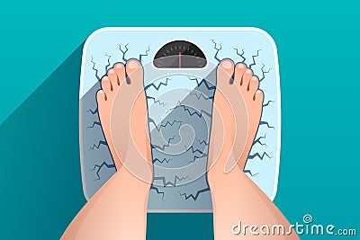 Top view of feet of woman standing on broken cracked weight scales Vector Illustration