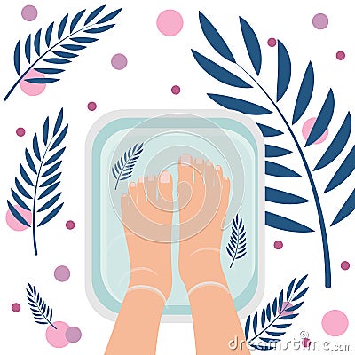 Top view of female feet in bath for cleansing. Spa procedure, pedicure. Nice atmosphere with plant leaves. Vector illustration Stock Photo