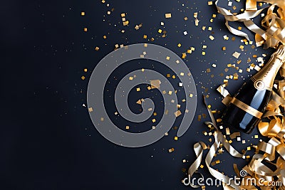 Top view of festive background party streamers, confetti with golden champagne bottle. December Holidays concept with copy space. Stock Photo