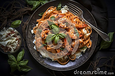 Top View Fettuccine with Prawns Stock Photo