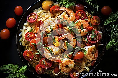 Top View Fettuccine with Prawns Stock Photo