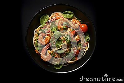 Top View Fettuccine with Prawns Stock Photo