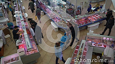 Top View Of Fish Shop Trading Floor People Buying Seafood And