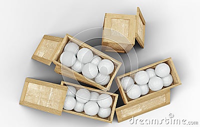 Top view of Five Wood Transport Box where Three opened and full of Volleyball balls Stock Photo