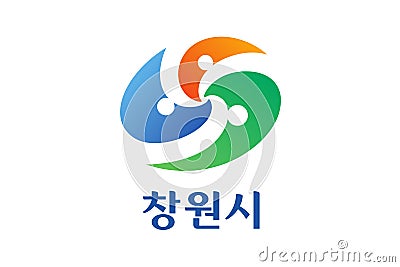 Top view of flag Changwon city, South Korea. Korean patriot and travel concept. no flagpole. Plane design, layout. Flag background Stock Photo