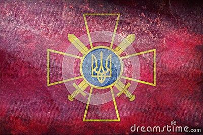Top view of retro flag Ensign of the Ukrainian Ground Forces, Ukraine with grunge texture. Ukrainian patriot and travel concept. Stock Photo