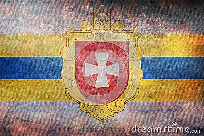 Top view of retro flag Rivne region, Ukraine with grunge texture. Ukrainian patriot and travel concept. no flagpole. Plane design Stock Photo