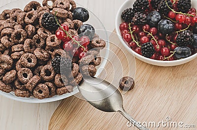 top view of flakes with berries/top view on a plate with flakes and a bowl with berries Stock Photo